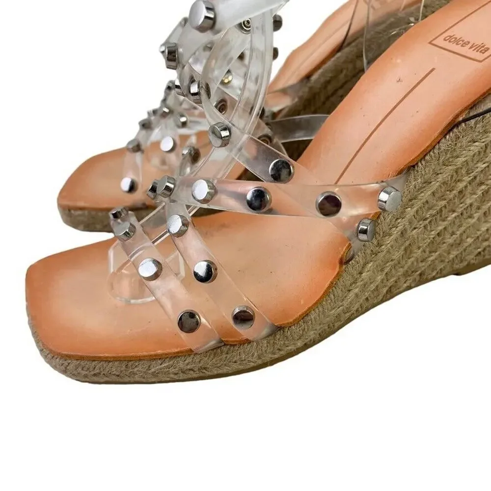 Dolce Vita Maxton Espadrille Womens Clear Studded Wedge Sandals Square Toe 8.5